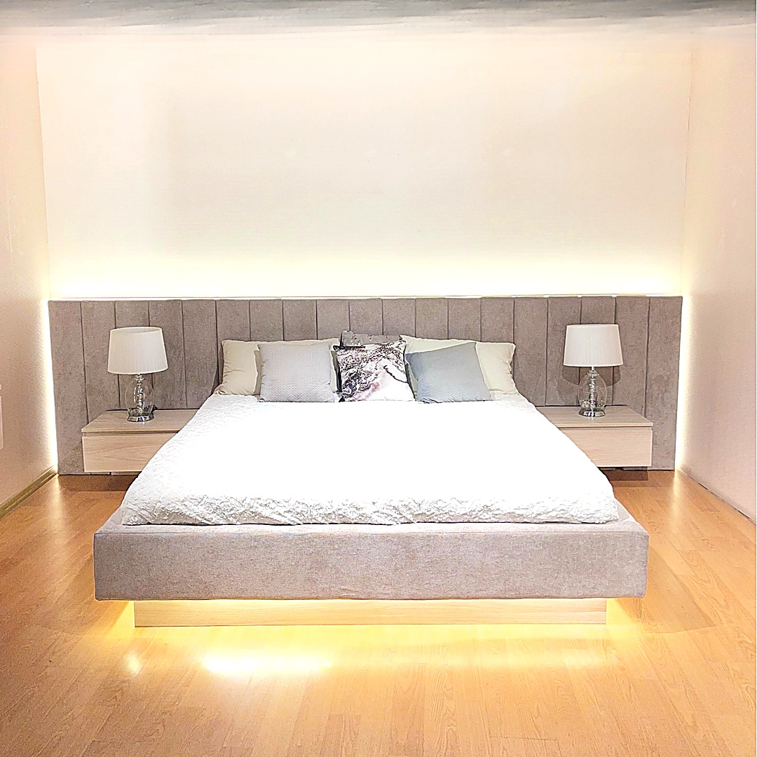 Modern LED Bedroom Set with Floating Vanity & Upholstered Headboard